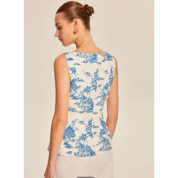 Commense Women’s Sleeveless Toile Print Vest Size L Blue Cream Button Front NWT - Picture 2 of 12